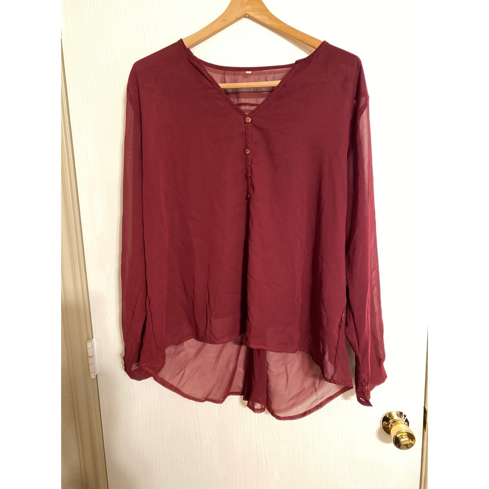 Burgundy Sheer Chiffon V-Neck Blouse High Low Hem Long Sleeve Top XXL